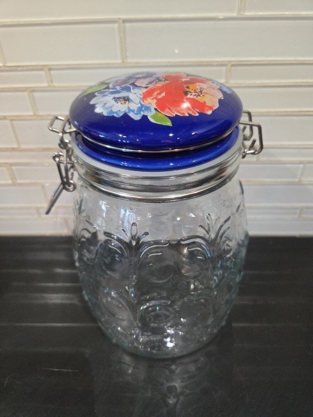Pioneer Woman Floral Embossed Clamp Jar 67 oz Blue Lids 8" Tall